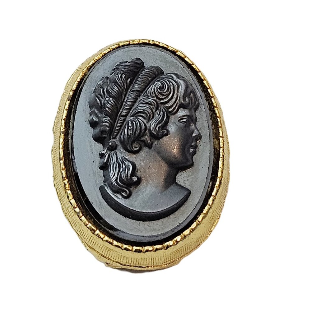 Vintage Hematite Gold-Tone Cameo Brooch